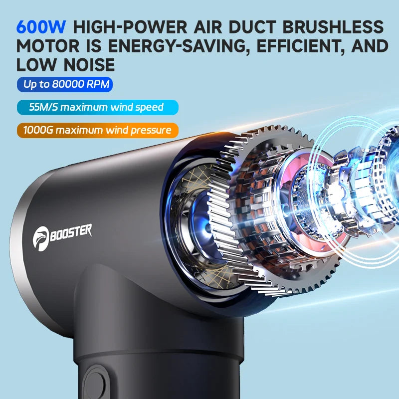 BOOSTER Turbo Dryer Blower for Car 4 Speeds 170 ft/s Wind Speed Car Dryer Air Blower 600W & 50mm Large Diameter Ducted Brushless