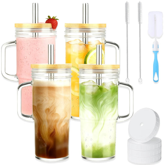 19-Piece Glass Cups with Lids & Straws, 31.5oz Tumblers with Handles, 4 Pack Iced Coffee Boba Cups for Hot & Cold Drinks
