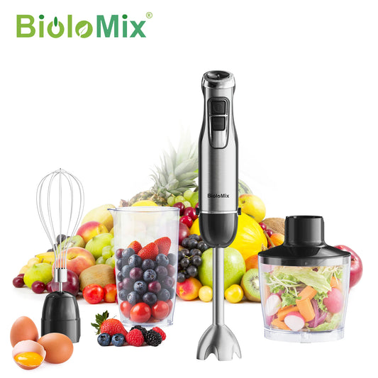 BioloMix 4 in 1 High Power 1200W Immersion Hand Stick Blender Mixer Includes Chopper and Smoothie Cup Stainless Steel Ice Blades
