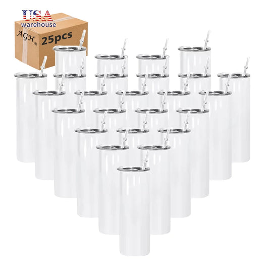 25pcs 20oz Sublimation Blank Skinny Tumbler Straight Skinny Tumbler Stainless Steel Insulated Tumblers With Plastic Straws Wang