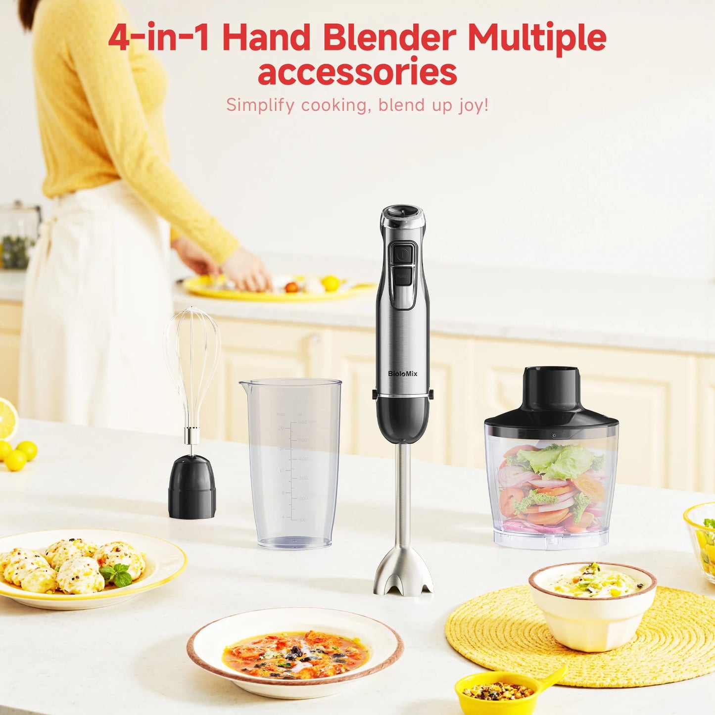 BioloMix 4 in 1 High Power 1200W Immersion Hand Stick Blender Mixer Includes Chopper and Smoothie Cup Stainless Steel Ice Blades
